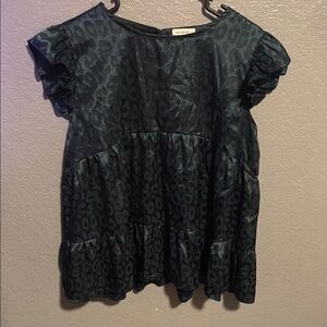 Dark Green Leopard Print Ruffle Sleeve Top